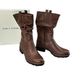 Sun + Stone Nelliee Brown Slouch Mid Calf Lug Sole Boots NIB Size 8 Trendy